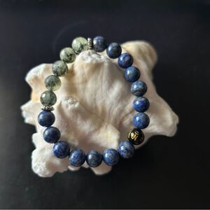 Blue Lapis and Green prehnite Beaded Bracelet w/Tibet mantra energy healing 10mm